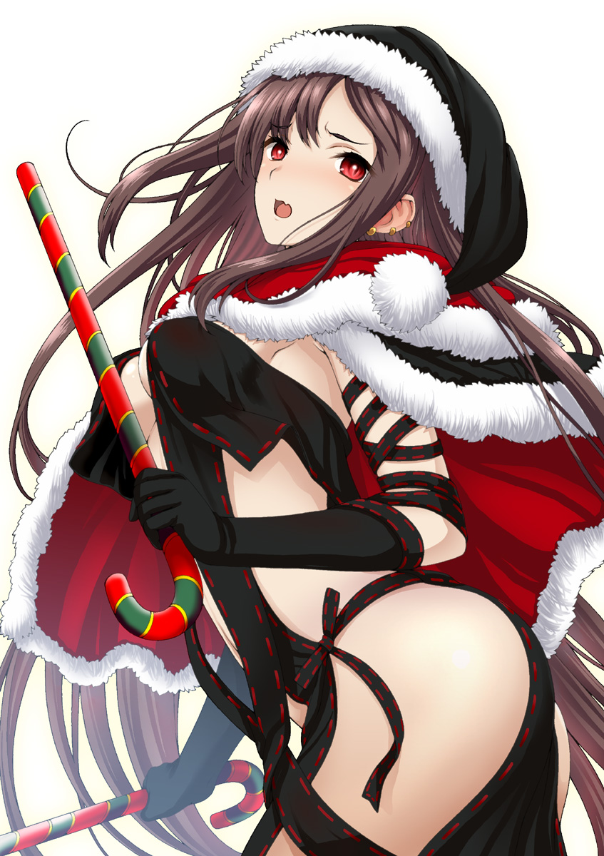 1girl :o bangs bare_shoulders black_dress black_gloves black_ribbon breasts brown_hair candy candy_cane cane cape cleavage consort_yu_(fate) dress dual_wielding earrings embarrassed fate/grand_order fate_(series) food from_side fur_trim furrowed_eyebrows gloves hat highres holding isse jewelry long_hair looking_at_viewer medium_breasts open_mouth red_eyes revealing_clothes ribbon santa_hat simple_background solo under_boob very_long_hair