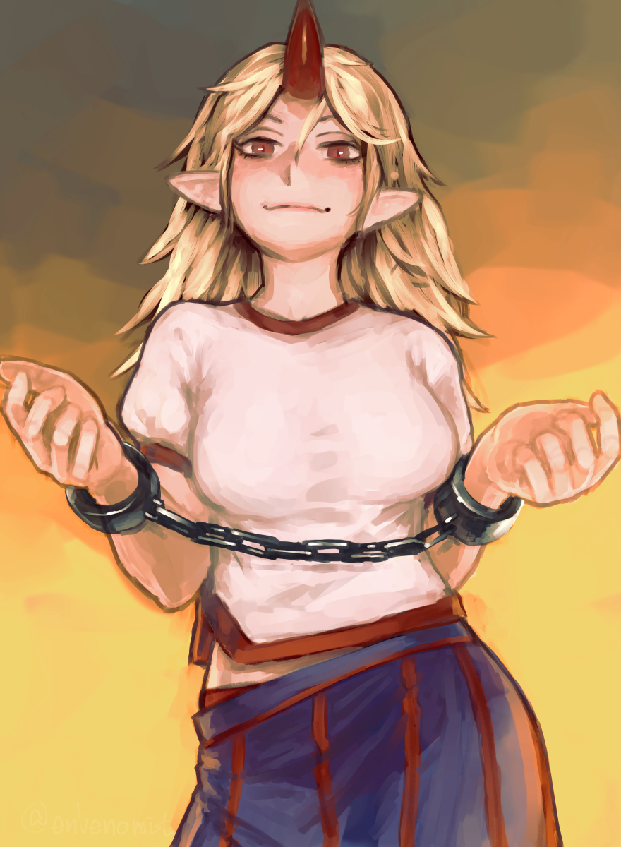 1girl blonde_hair blue_skirt breasts chains commentary_request cowboy_shot cuffs gengoroumaru_(ambidextrous) highres horn hoshiguma_yuugi large_breasts long_hair looking_at_viewer orange_background pointy_ears puffy_short_sleeves puffy_sleeves red_eyes shackles shirt short_sleeves skirt smile solo standing striped touhou vertical-striped_skirt vertical_stripes white_shirt