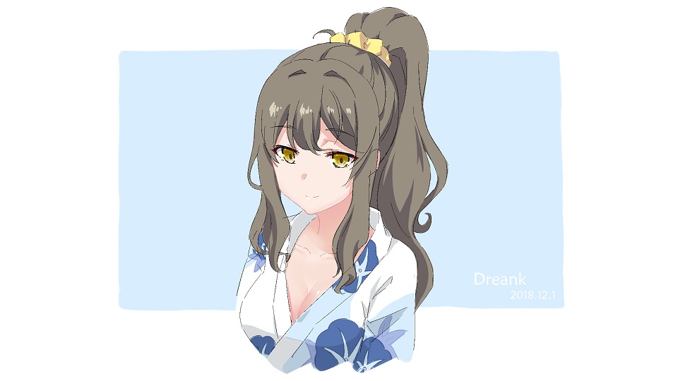 1girl bangs blue_background breasts brown_hair cleavage closed_mouth commentary_request dreamlocus eyebrows_visible_through_hair futaba_rio hair_between_eyes japanese_clothes kimono long_hair medium_breasts ponytail scrunchie seishun_buta_yarou smile solo upper_body yellow_eyes yellow_scrunchie