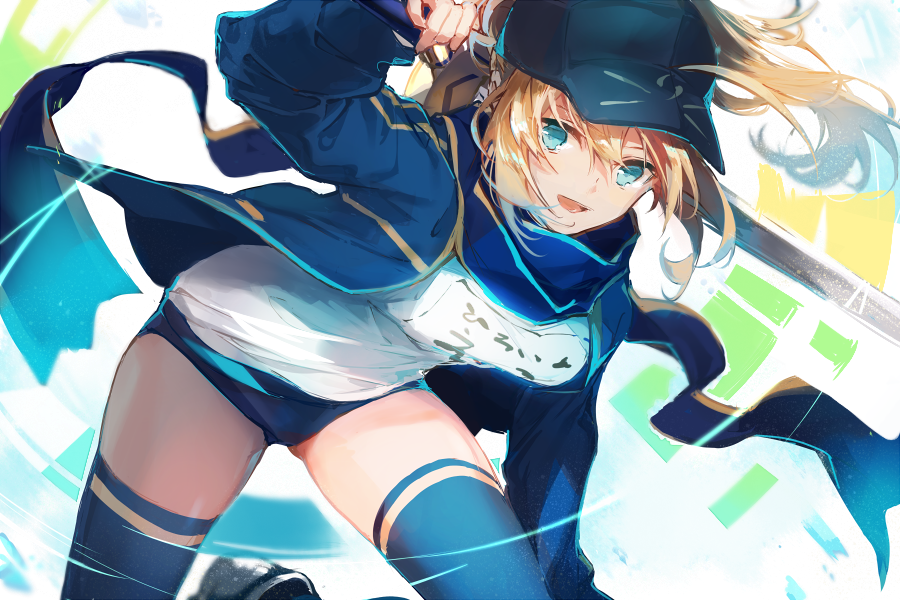 1girl ahoge artoria_pendragon_(all) ass_visible_through_thighs baseball_cap blonde_hair blue_eyes breasts excalibur fate_(series) fukuda935 hat japanese_clothes long_hair medium_breasts mysterious_heroine_xx_(foreigner) over_shoulder ponytail scarf solo sword sword_over_shoulder thigh-highs thighs weapon weapon_over_shoulder