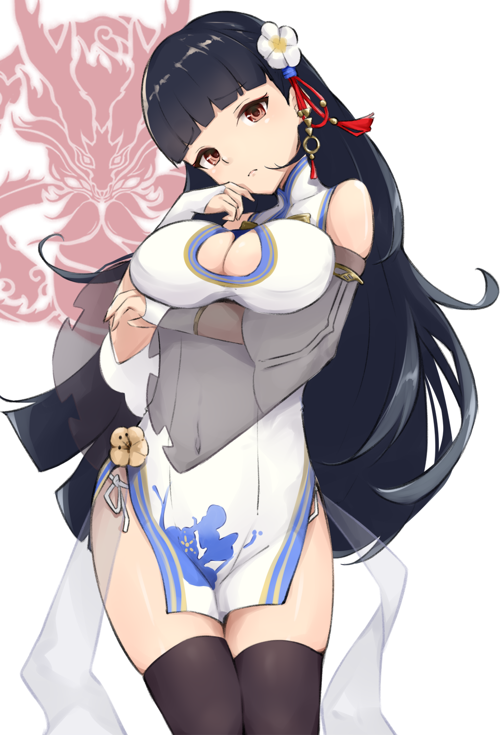 1girl azur_lane bangs bare_hips bare_shoulders black_hair black_legwear blunt_bangs blunt_ends breasts bridal_gauntlets brown_eyes china_dress chinese_clothes cleavage cleavage_cutout closed_mouth commentary_request covered_navel detached_sleeves dress eyebrows_visible_through_hair frilled_sleeves frills frown furrowed_eyebrows gold_trim hands_up head_tilt high_collar highres hoshimiya_mashiro legs_together long_hair long_sleeves looking_at_viewer microdress panties see-through see-through_silhouette see-through_sleeves shiny shiny_hair side-tie_panties side_slit skin_tight skindentation solo tassel thigh-highs underwear very_long_hair white_dress white_panties wide_sleeves yat_sen_(azur_lane)