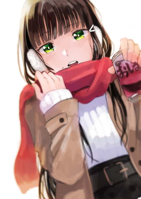 1girl bangs belt belt_buckle black_belt blunt_bangs blush brown_hair brown_jacket buckle can dutch_angle earmuffs eyebrows_visible_through_hair green_eyes hair_ornament hairclip hands_up holding holding_can jacket kawaoka_(tsuchinokome) kurosawa_dia long_sleeves looking_at_viewer love_live! love_live!_sunshine!! mole open_clothes open_jacket parted_lips red_scarf ribbed_sweater round_teeth scarf simple_background sleeves_past_wrists solo sweater teeth upper_teeth white_background white_sweater