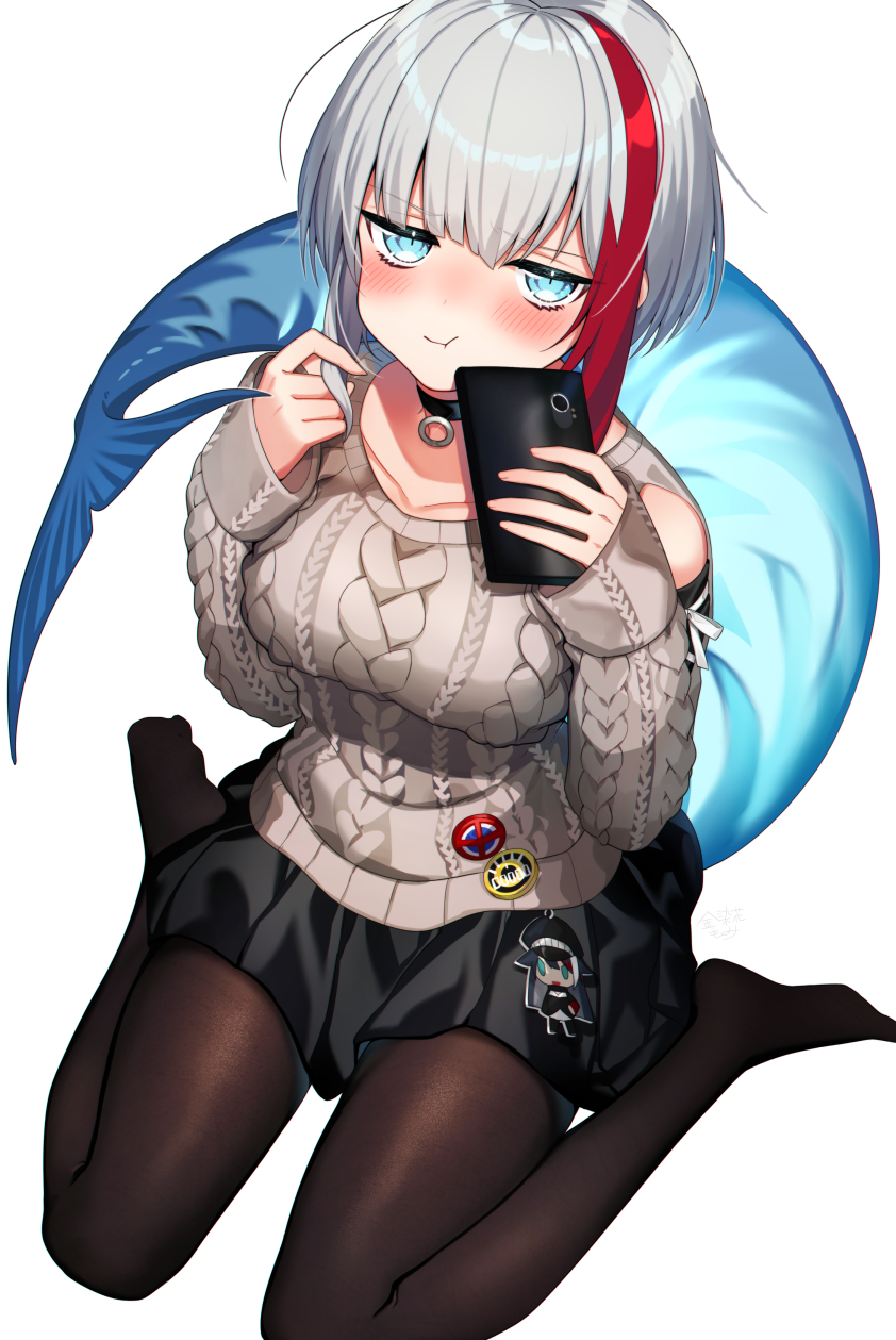 1girl :t admiral_graf_spee_(azur_lane) alternate_costume aran_sweater azur_lane bangs black_legwear black_skirt blue_eyes blush breasts cellphone choker eyebrows_visible_through_hair highres holding holding_phone kinsenka_momi looking_at_viewer medium_breasts multicolored_hair pantyhose phone playing_with_own_hair pout redhead short_hair sidelocks signature silver_hair simple_background sitting skirt smartphone solo streaked_hair sweater tail wariza white_background white_sweater