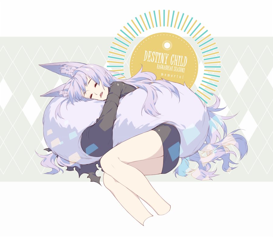 1girl animal_ear_fluff animal_ears bangs black_dress character_request closed_eyes cropped_legs destiny_child dress drooling facing_viewer feet_out_of_frame fox_ears fox_tail large_tail long_hair long_sleeves lying on_side parted_lips protected_link purple_hair short_dress sleeping solo tail tail_hug very_long_hair yue_(kingdom1259)