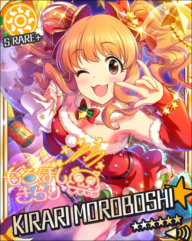 bare_shoulders blush brown_eyes character_name christmas dress gloves idolmaster idolmaster_cinderella_girls long_hair moroboshi_kirari orange_hair smile stars wink