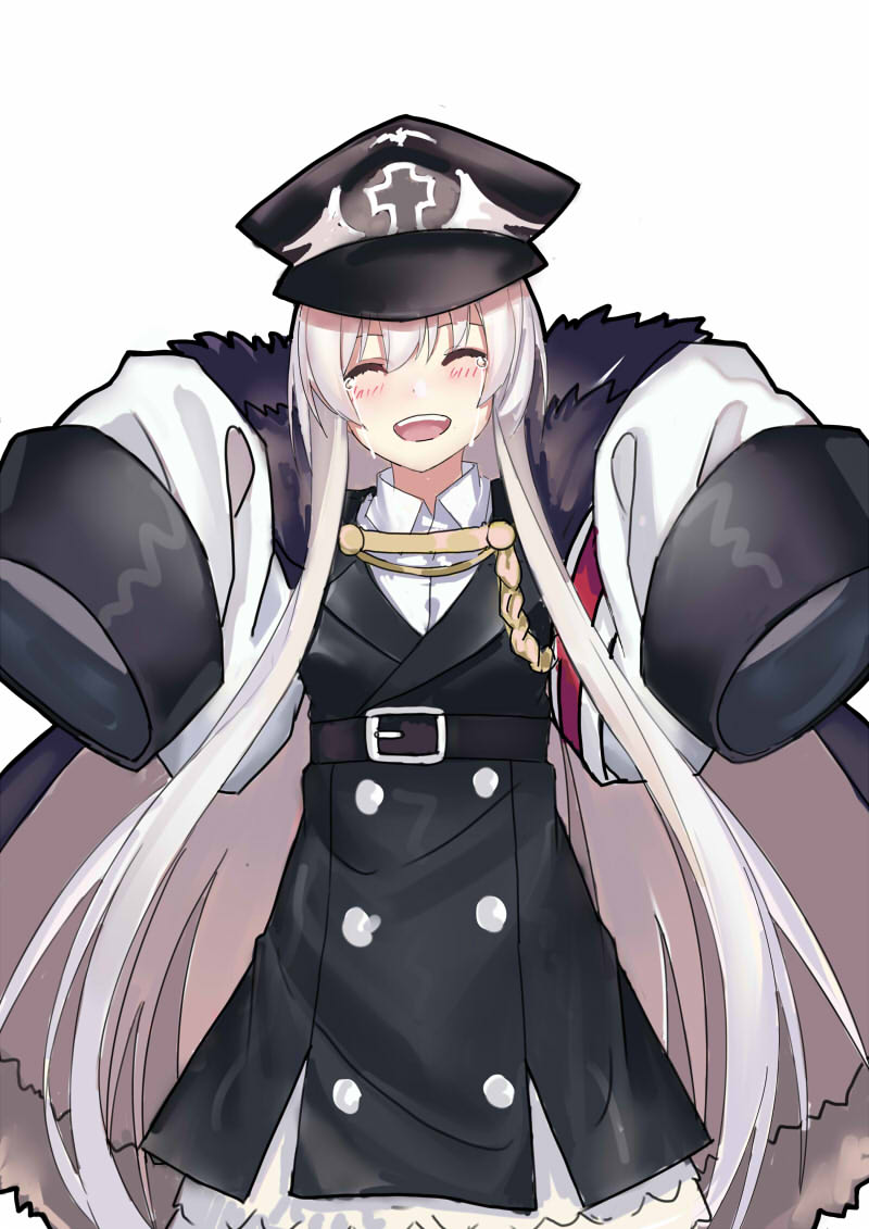 1girl belt blush closed_eyes echj fur_collar girls_frontline happy_tears hat kar98k_(girls_frontline) long_coat long_hair long_sleeves military military_uniform oversized_clothes peaked_cap smile solo tears uniform younger