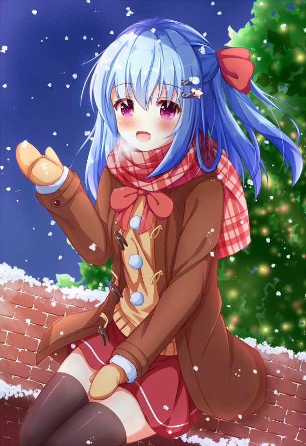 1girl :d bangs blue_hair blush bow breath brick_wall brown_coat brown_legwear brown_mittens christmas christmas_ornaments christmas_tree coat commentary_request duffel_coat eyebrows_visible_through_hair fang hair_between_eyes hair_bow hair_ornament hairclip hand_up kedama_(kedama_akaza) long_hair long_sleeves mittens one_side_up open_clothes open_coat open_mouth original pink_scarf plaid plaid_scarf red_bow red_skirt scarf sitting skirt smile snow snowing solo sweater_vest thigh-highs violet_eyes winter