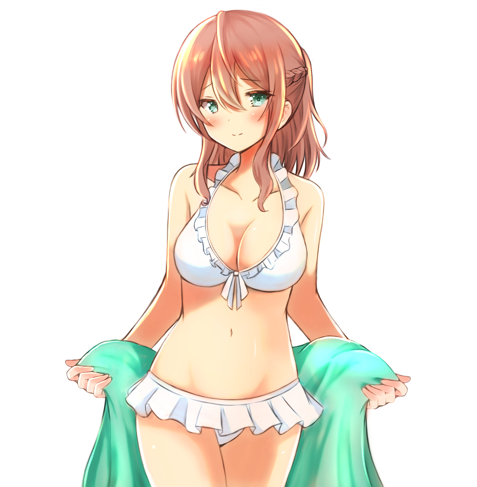 1girl bangs bare_arms bare_shoulders bikini blush braid breasts brown_hair cleavage closed_mouth collarbone cowboy_shot eyebrows_visible_through_hair frilled_bikini frills green_eyes hair_between_eyes halter_top halterneck head_tilt holding holding_towel long_hair looking_at_viewer medium_breasts navel original shibakame smile solo swimsuit towel white_bikini