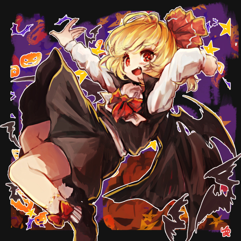 1girl :d bat_wings black_skirt black_vest blonde_hair cape fang hair_ribbon halloween long_sleeves ohurosk open_mouth pumpkin red_eyes ribbon rumia shirt short_hair skirt smile touhou vest white_shirt wings