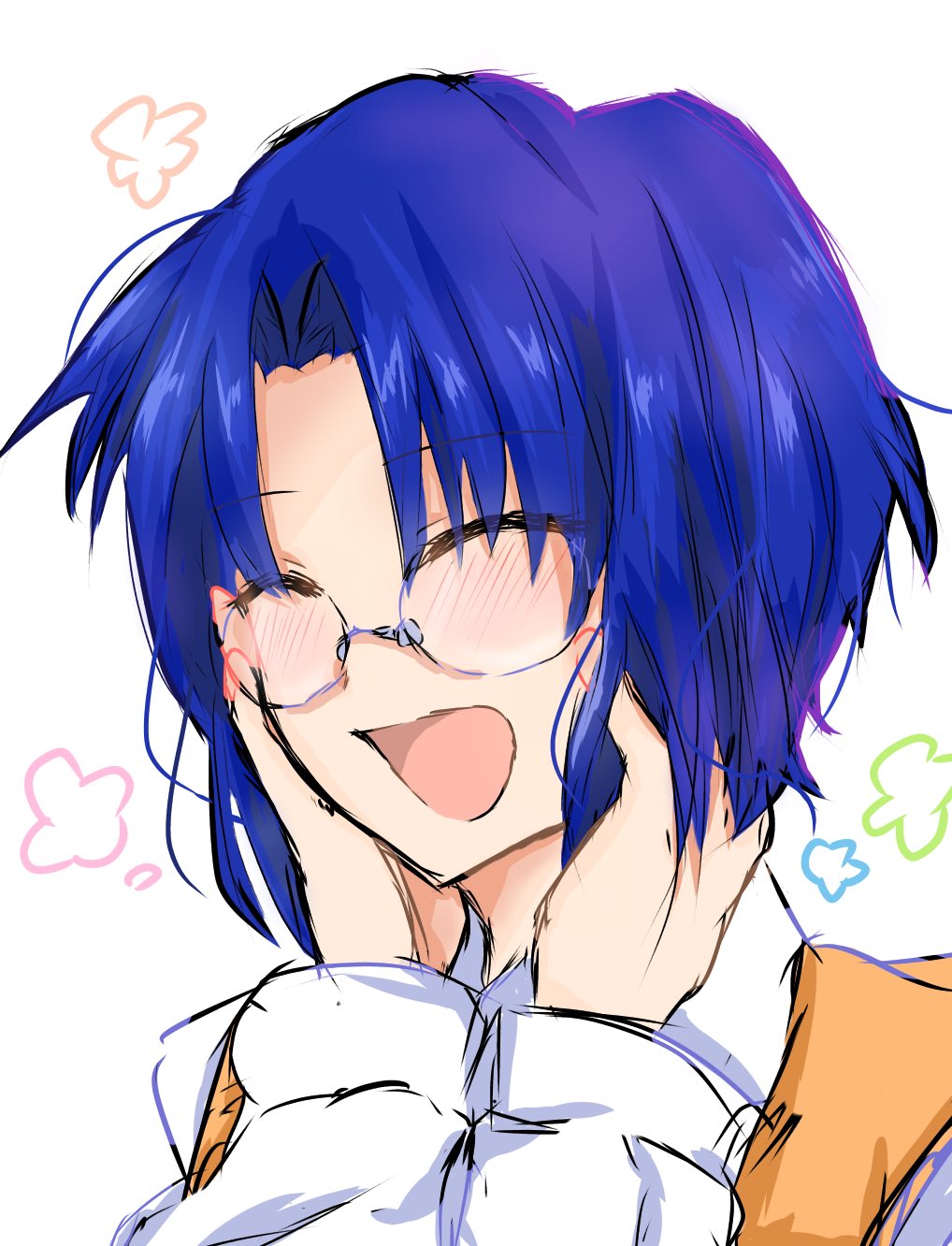 1girl blue_hair ciel closed_eyes dress_shirt glasses hands_on_own_cheeks hands_on_own_face highres shirt short_hair sketch smile solo tsukihime upper_body vest white_background white_shirt yatukachan yellow_vest