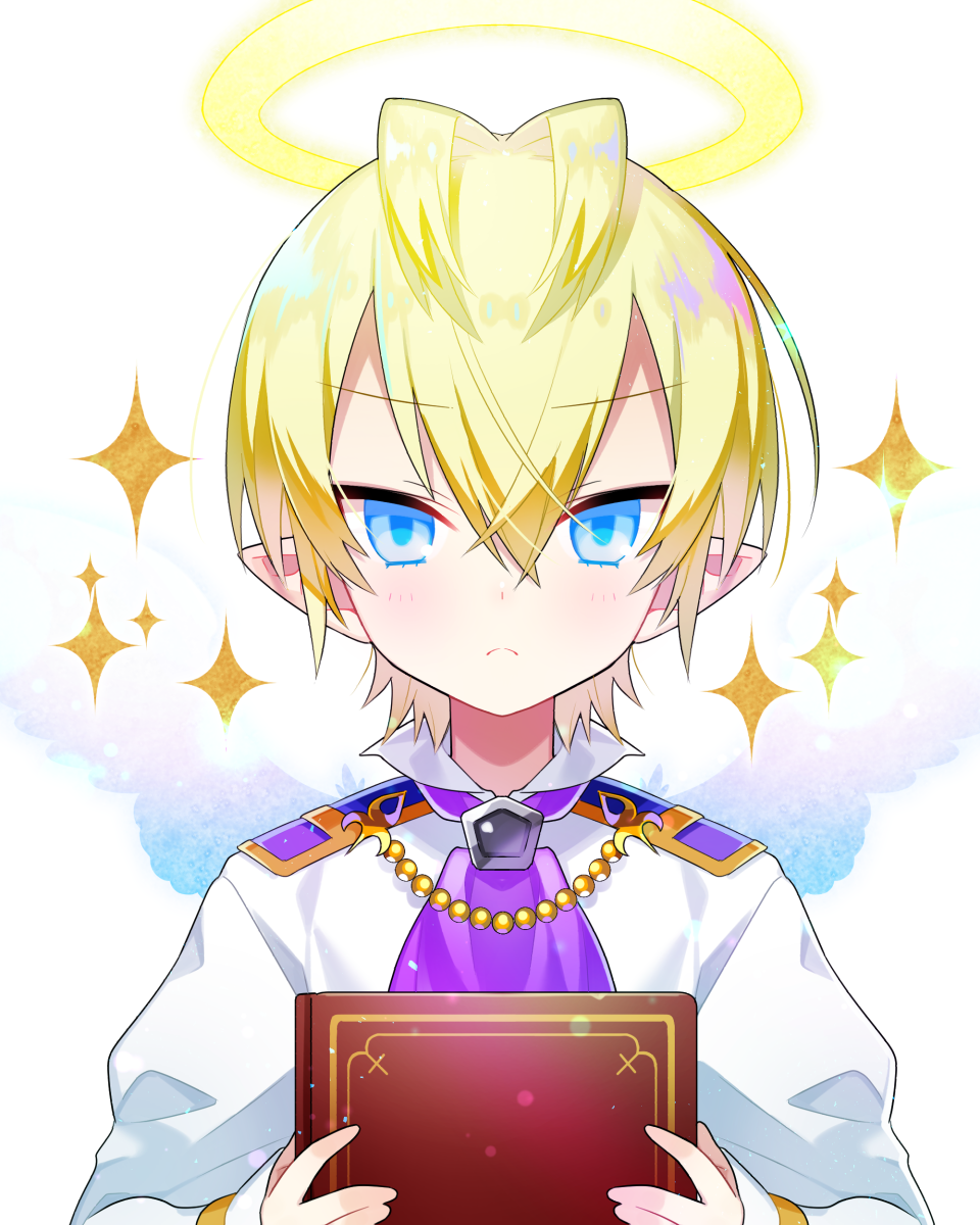 1boy :&lt; akemaru antenna_hair blonde_hair blue_eyes book fantasy hair_between_eyes halo highres looking_at_viewer male_focus original pointy_ears solo sparkle tsurime