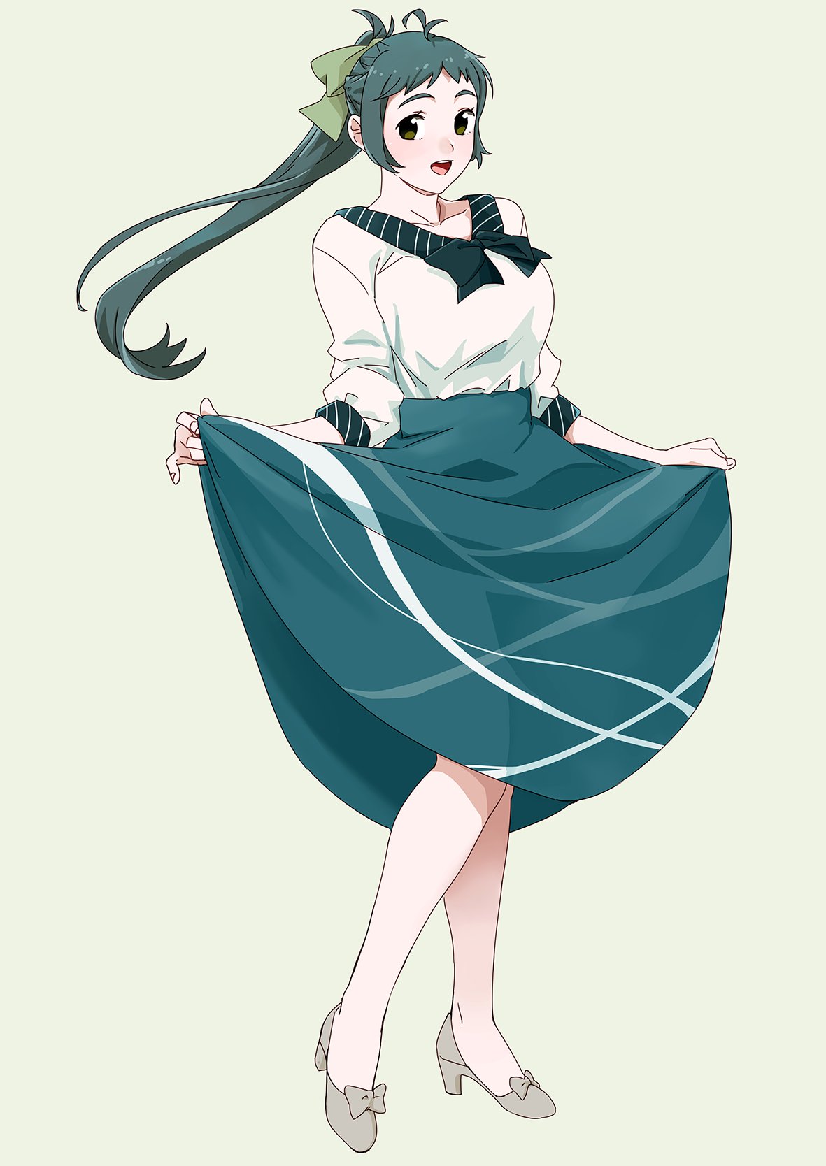 1girl alternate_costume antenna_hair blouse brown_eyes full_body green_hair green_ribbon green_skirt grey_background grey_footwear hair_ribbon highres holding_skirt irako_(kantai_collection) kantai_collection long_hair long_skirt looking_at_viewer ojipon open_mouth ponytail pumps ribbon simple_background skirt solo standing white_blouse