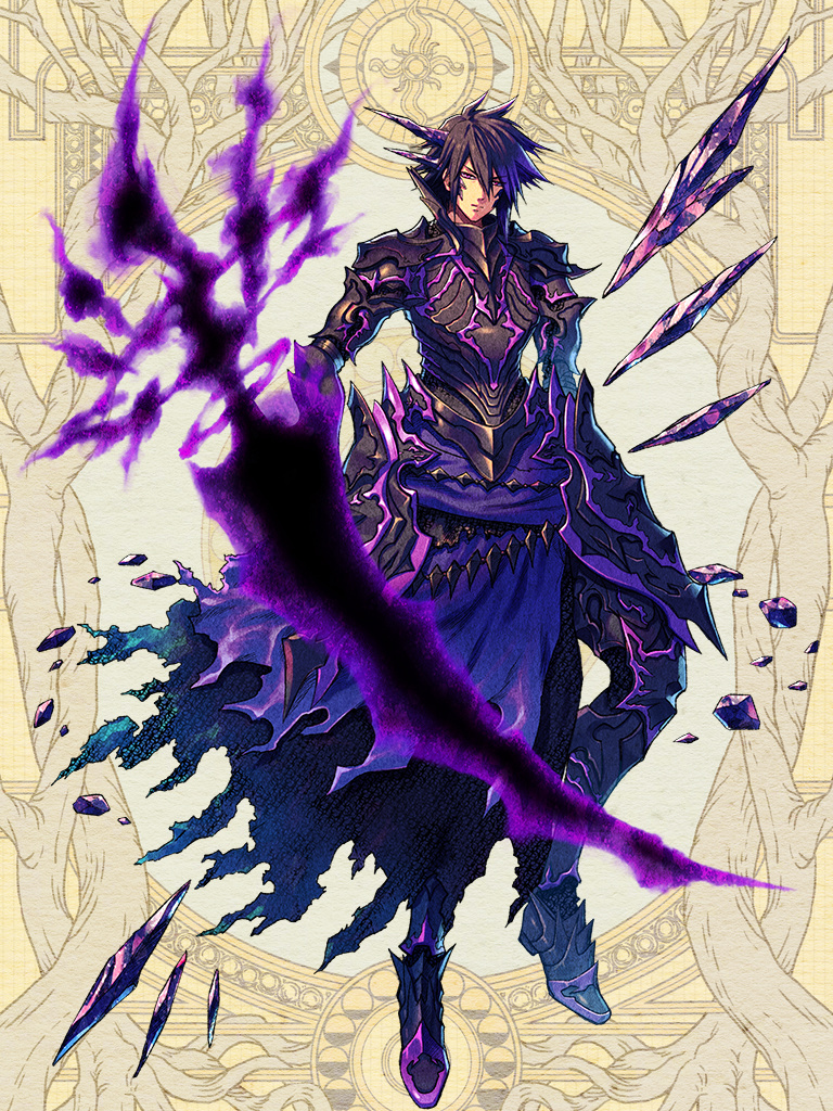 1boy armor bad_anatomy black_armor black_hair boots brown_eyes clutch2130 copyright_request crystal dark_sword gauntlets holding holding_sword holding_weapon horns looking_at_viewer male_focus official_art shard solo spiky_hair standing sword weapon