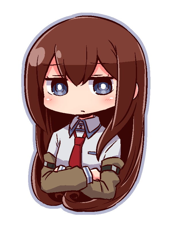 1girl bangs blue_eyes blue_outline blue_shirt blush brown_hair closed_mouth collared_shirt cropped_torso crossed_arms expressionless eyebrows_visible_through_hair hair_between_eyes long_hair long_sleeves looking_at_viewer makise_kurisu naga_u necktie outline red_neckwear shirt solo steins;gate very_long_hair white_background