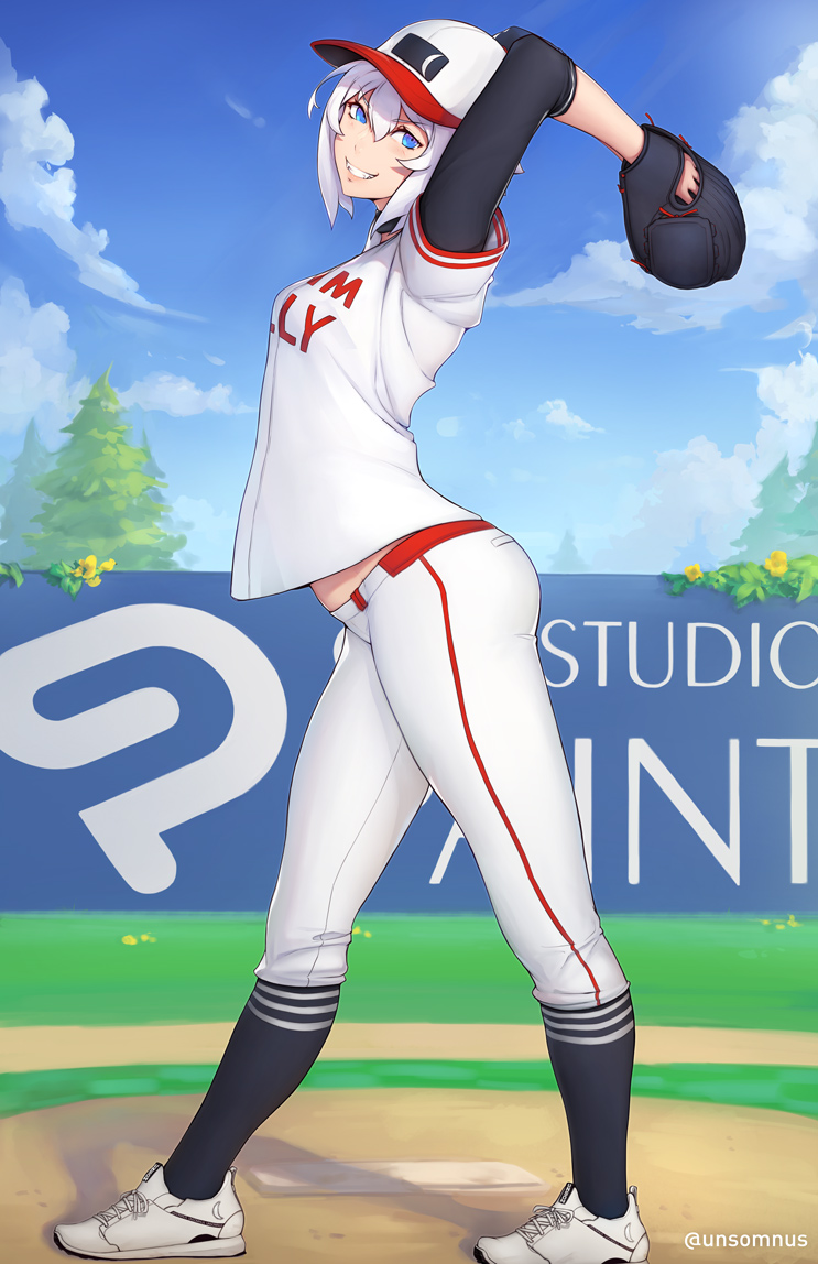 1girl arms_up bangs baseball baseball_cap baseball_glove baseball_uniform black_legwear blue_eyes blue_sky blush breasts commentary english_commentary fangs full_body grin hair_between_eyes hat lips looking_at_viewer luna_(unsomnus) original outdoors pants pitching pitching_mound pointy_ears shirt short_hair sky small_breasts smile solo sportswear standing tree unsomnus vampire white_hair white_pants white_shirt