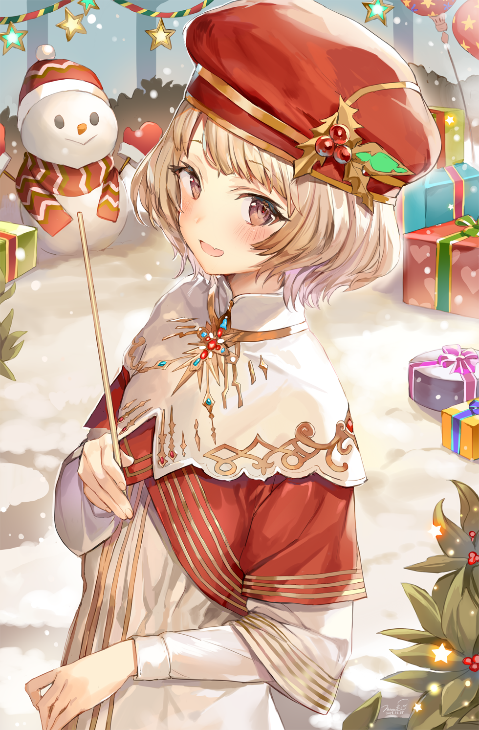 1girl :d bangs blonde_hair blush brooch brown_eyes bush capelet character_request christmas commentary_request dated dress eyebrows_visible_through_hair fang final_fantasy final_fantasy_xiv gift hat hat_ornament head_tilt highres holding jewelry long_sleeves looking_at_viewer looking_to_the_side momoko_(momopoco) open_mouth outdoors plant red_hat short_hair signature smile snow snowing snowman solo star stick upper_body white_capelet white_dress winter