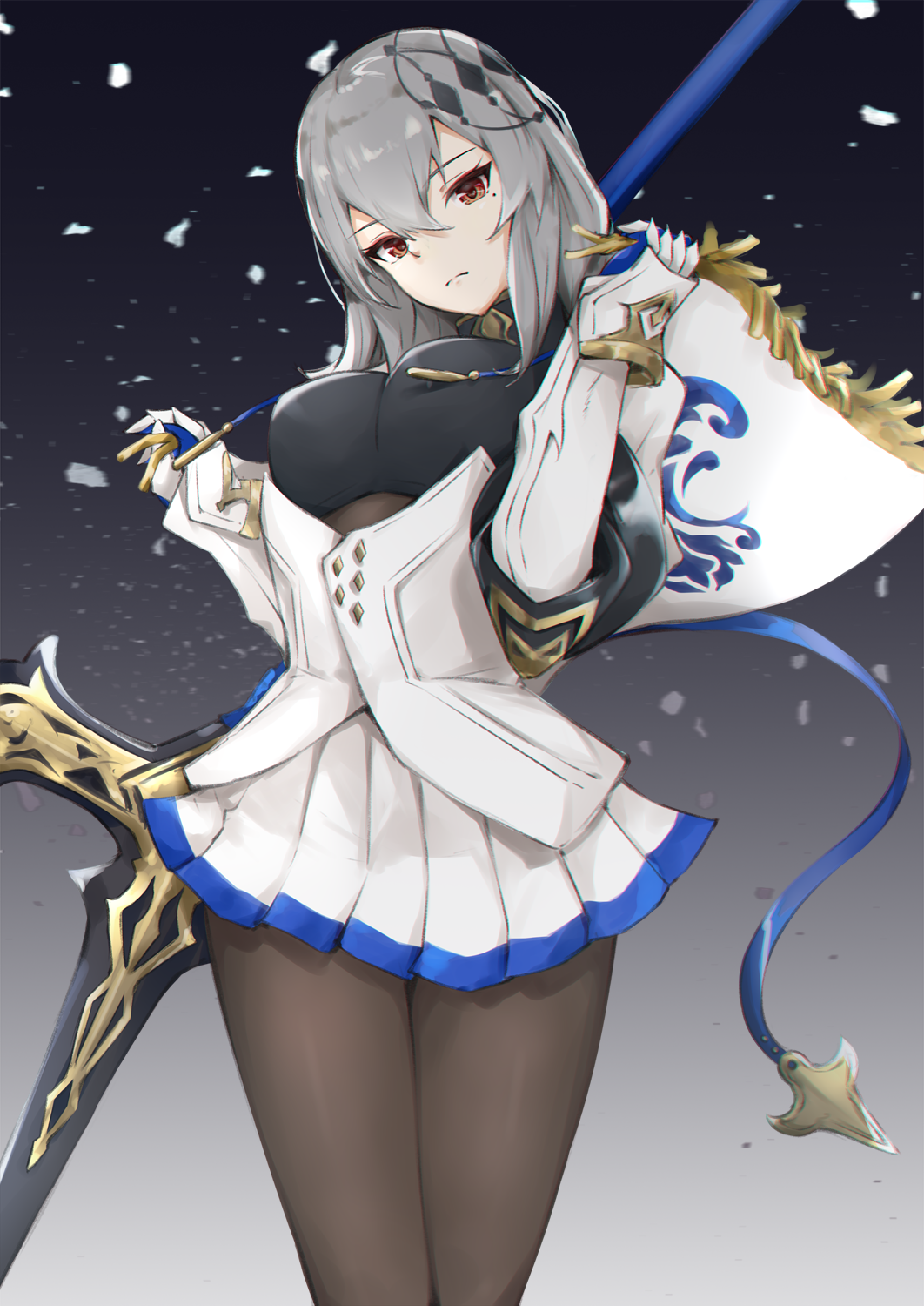 1girl azur_lane bad_anatomy bangs breastplate breasts brown_shirt closed_mouth commentary_request corset diamond_(shape) expressionless fleur_de_lis floating_hair gauntlets gold_trim grey_background grey_hair hair_between_eyes hair_ornament hand_up head_tilt highres holding holding_polearm holding_weapon hoshimiya_mashiro jacket large_breasts left-handed long_hair looking_away miniskirt mole mole_under_eye pantyhose parted_lips pleated_skirt polearm polearm_behind_back red_eyes saint-louis_(azur_lane) shirt sidelocks simple_background skirt solo standing weapon white_footwear white_skirt