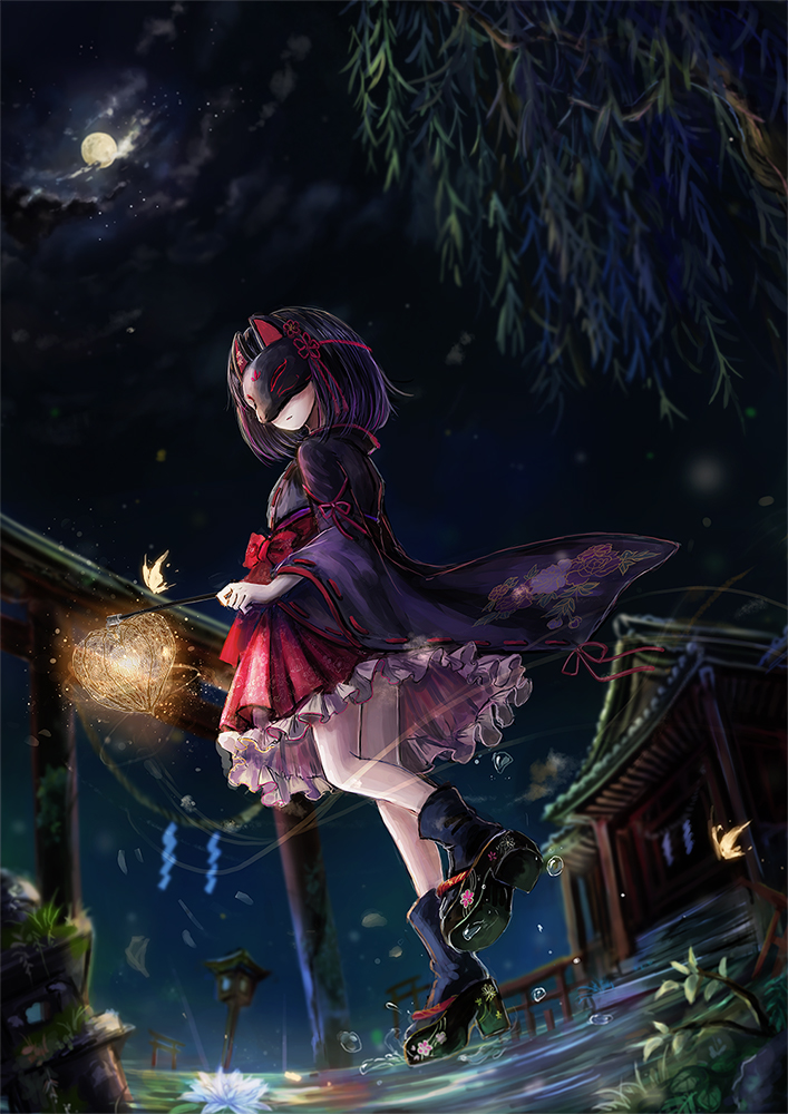 1girl arm_up blurry boots clouds cloudy_sky depth_of_field detached_sleeves emone04 expressionless fisheye floral_print flower fox_mask frilled_skirt frills from_below full_moon hakama_skirt holding_lantern japanese_clothes lantern looking_at_viewer looking_down lotus mask miko moon night original outdoors petticoat platform_footwear ribbon-trimmed_sleeves ribbon_trim rope shide shimenawa shrine skirt sky solo standing standing_on_one_leg stone_lantern torii walking walking_on_liquid water willow
