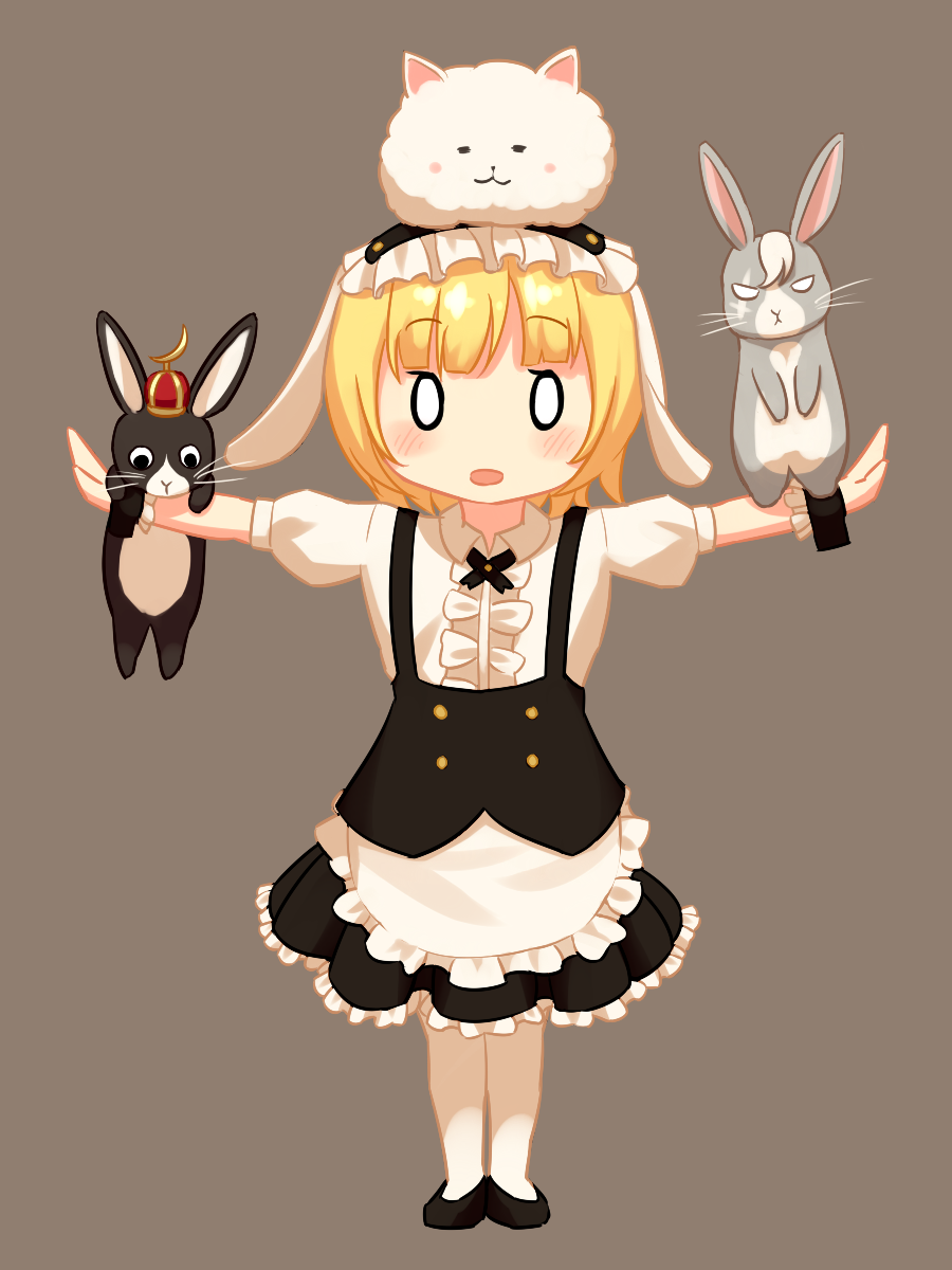 1girl :o animal_ears anko_(gochiusa) ankoku_no_shicchiou apron black_footwear black_hairband black_skirt blonde_hair bunny bunny_ears center_frills collared_shirt fleur_de_lapin_uniform floppy_ears frilled_apron frilled_headband frilled_skirt frills full_body gochuumon_wa_usagi_desu_ka? hairband highres hinako_note kirima_sharo look-alike looking_at_viewer o_o parody puffy_short_sleeves puffy_sleeves shirt short_sleeves skirt solo standing style_parody thigh-highs tippy_(gochiusa) trait_connection uniform waist_apron waitress white_apron white_legwear white_shirt wild_geese wrist_cuffs