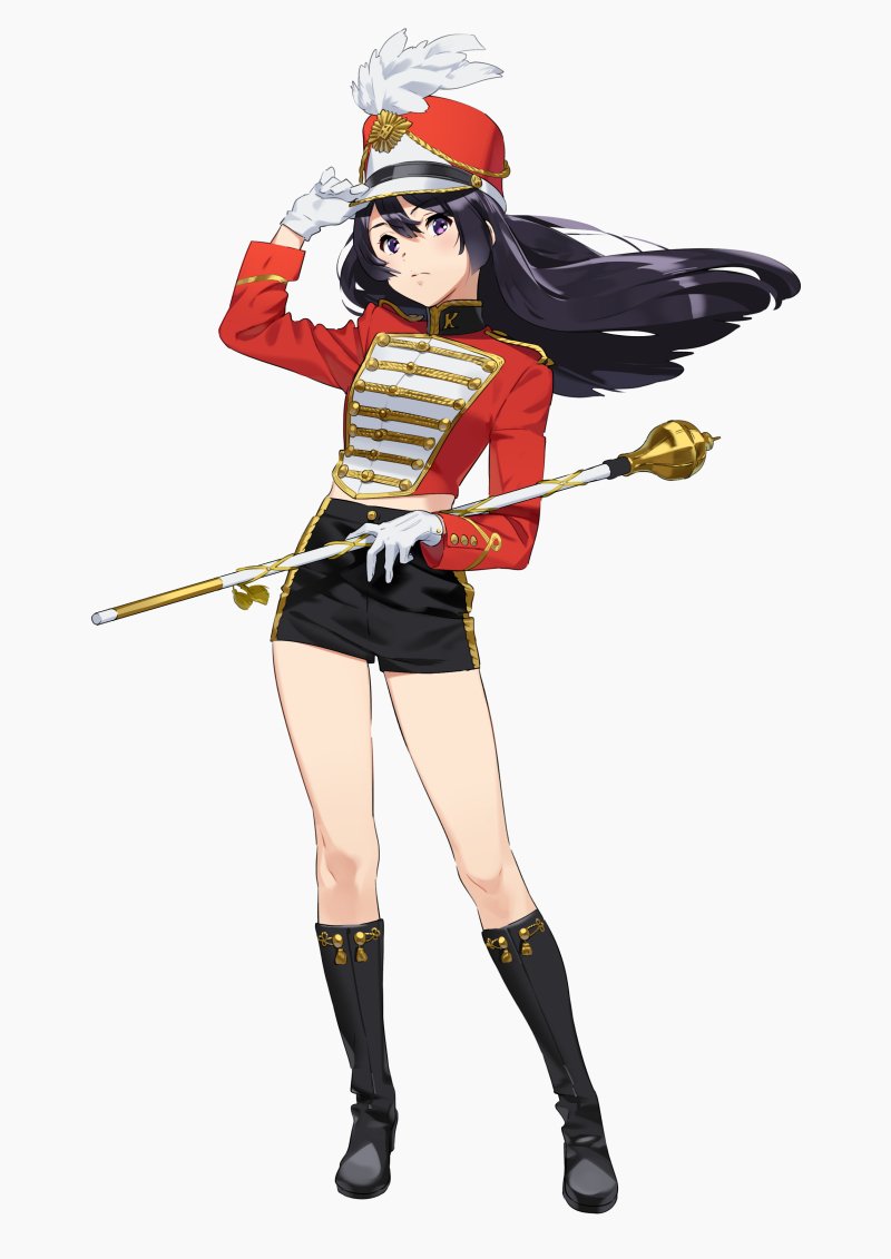 1girl alternate_costume band_uniform black_footwear black_hair black_skirt boots commentary_request contrapposto double-breasted full_body gloves hat hibike!_euphonium kamo_kamen kousaka_reina long_hair majorette marching_band_baton pencil_skirt shako_cap simple_background skirt solo violet_eyes white_background white_gloves