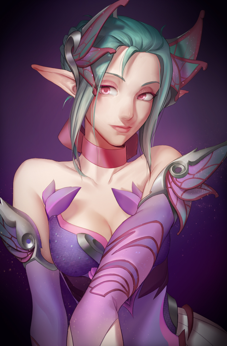 1girl aqua_hair bare_shoulders breasts bridal_gauntlets choker cleavage collarbone dress elbow_gloves gloves gradient gradient_background hair_bun hair_ornament light_smile lips looking_at_viewer medium_breasts mercy_(overwatch) nezumi_(tuboshu2013) no_wings nose outstretched_arm overwatch pink_lips pink_ribbon pointy_ears purple_dress purple_gloves reaching_out red_eyes ribbon ribbon_choker sleeveless sleeveless_dress solo sugar_plum_fairy_mercy upper_body