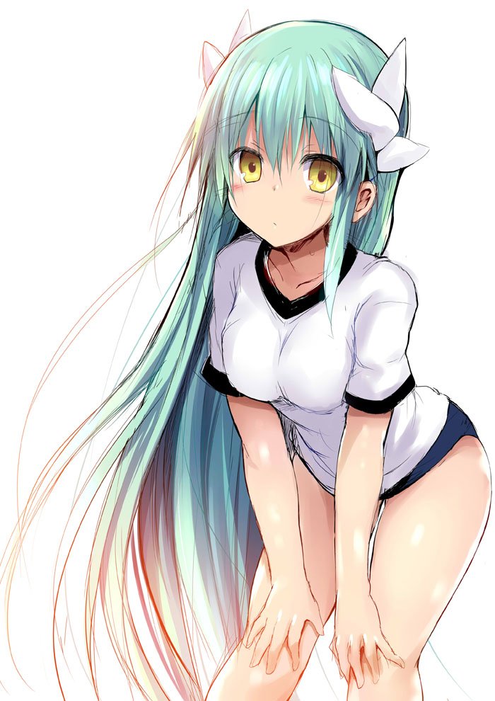 1girl bent_over blue_buruma blush buruma collarbone eyebrows_visible_through_hair fate/grand_order fate_(series) floating_hair green_hair gym_uniform hair_between_eyes hands_on_own_knees horns kiyohime_(fate/grand_order) long_hair looking_at_viewer sen_(astronomy) shiny shiny_hair shirt short_sleeves simple_background sketch solo standing very_long_hair washing_back white_shirt yellow_eyes