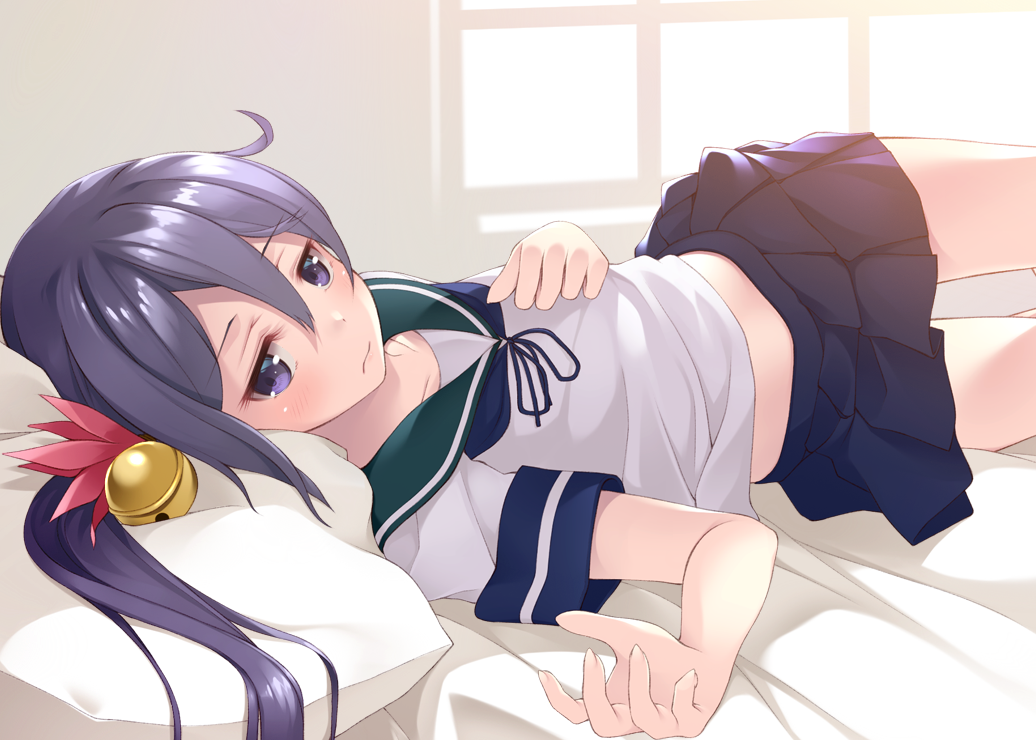 1girl akebono_(kantai_collection) bangs bell blue_skirt blush closed_mouth collarbone commentary_request eyebrows_visible_through_hair flower hair_bell hair_between_eyes hair_bobbles hair_flower hair_ornament hand_on_own_chest indoors jingle_bell kantai_collection long_hair looking_at_viewer lying mofu_namako on_back pillow pleated_skirt purple_hair school_uniform serafuku short_sleeves side_ponytail skirt solo violet_eyes