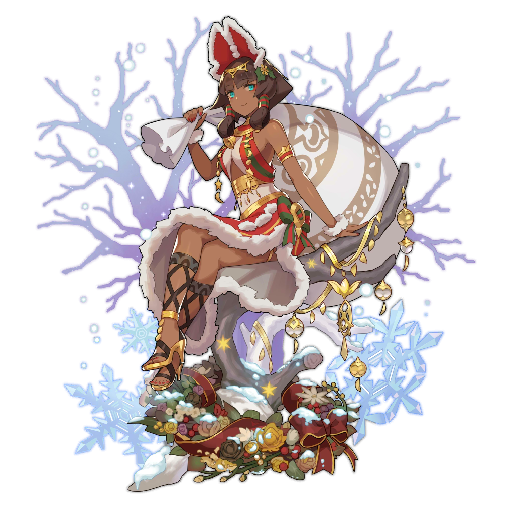 1girl artist_request bangs black_hair blue_eyes brown_hair dark_skin dragalia_lost egyptian gift_bag hair_ornament hair_tubes high_heels looking_at_viewer nefaria non-web_source official_art santa_costume sitting smile snowflakes solo tree_shade