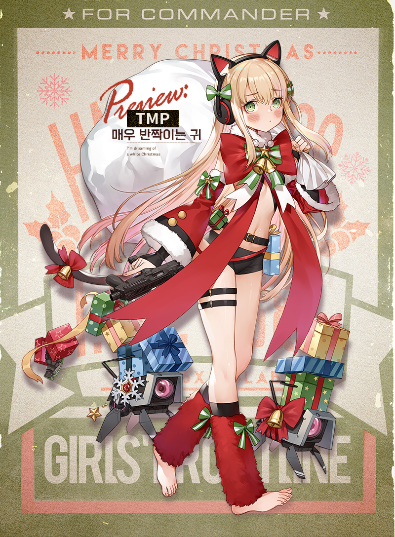 1girl alternate_costume animal_ears bangs barefoot bell belt black_shorts blonde_hair blush bow breasts cat_ear_headphones cat_ears cat_tail character_name christmas closed_mouth detached_sleeves dinergate_(girls_frontline) eyebrows_visible_through_hair full_body fur-trimmed_sleeves fur_collar fur_trim gift girls_frontline green_eyes gun haijin hair_between_eyes headphones holding holding_gun holding_sack holding_weapon jingle_bell leg_warmers long_hair looking_at_viewer navel official_art red_bow ribbon sack short_shorts shorts sidelocks steyr_tmp stomach submachine_gun tail tail_bell tail_bow tmp_(girls_frontline) under_boob very_long_hair weapon wide_sleeves