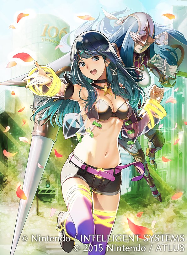 2015 2girls armor atlus belt black_shorts blue_eyes blue_hair breasts caeda_(fire_emblem) cleavage company_name copyright_name daigoman fire_emblem fire_emblem:_mystery_of_the_emblem fire_emblem:_shin_monshou_no_nazo fire_emblem_cipher fire_emblem_mystery_of_the_emblem gauntlets gen'ei_ibunroku_sharp_fe hair_ornament hairclip helmet intelligent_systems lance leg_up long_hair medium_breasts megami_tensei multiple_girls navel nintendo official_art open_mouth oribe_tsubasa outstretched_arm persona petals polearm purple_legwear sheeda shin_megami_tensei short_shorts shorts super_smash_bros. thigh-highs weapon