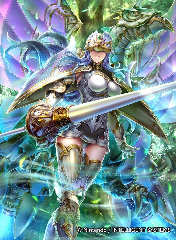 1girl armor blue_hair breasts closed_mouth company_name copyright_name fire_emblem_cipher gauntlets gen'ei_ibunroku_sharp_fe helmet lance long_hair medium_breasts official_art polearm sheeda solo taneda_kazuhiro thigh-highs weapon