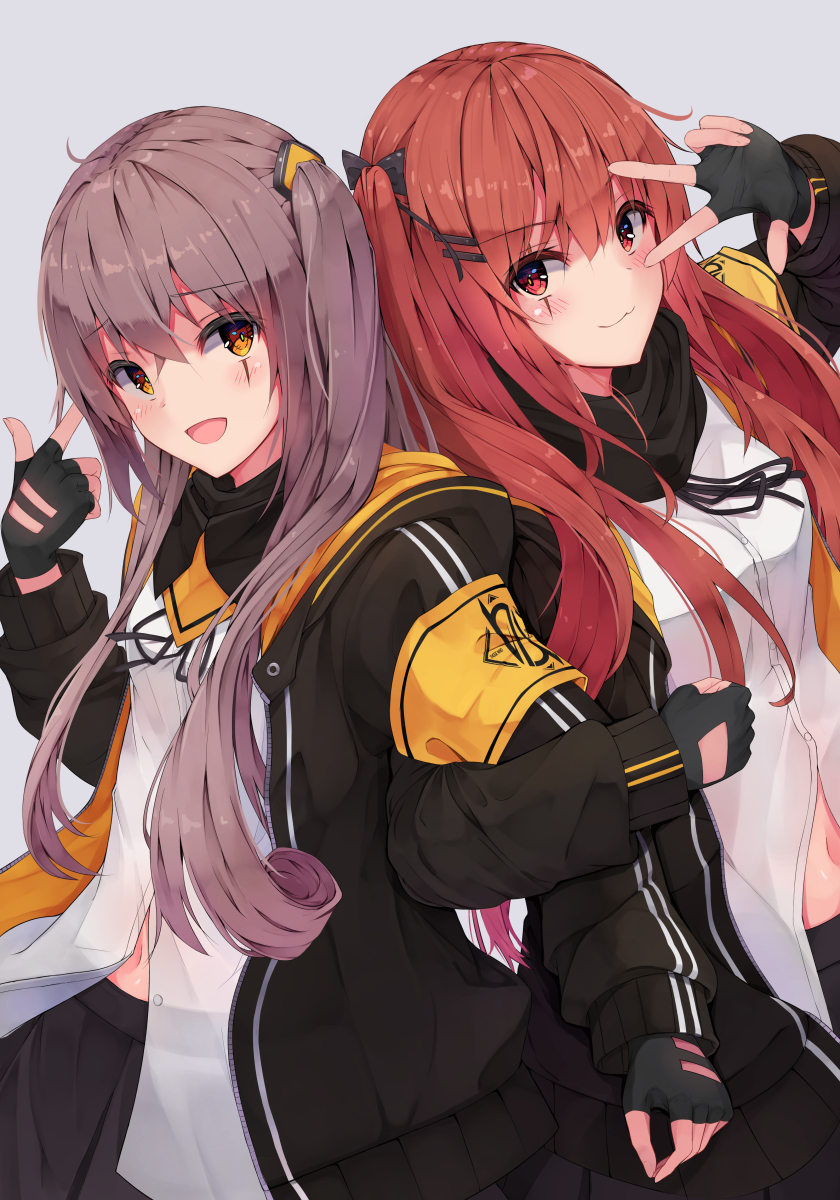 2girls :d arm_up bangs black_bow black_gloves black_jacket black_ribbon black_skirt blush bow breasts brown_eyes brown_hair closed_mouth commentary_request dress_shirt eyebrows_visible_through_hair fingerless_gloves girls_frontline gloves grey_background hachita_(odangoya) hair_between_eyes hair_bow hair_ornament hairclip highres jacket locked_arms long_sleeves multiple_girls navel neck_ribbon one_side_up open_clothes open_jacket open_mouth pleated_skirt red_eyes ribbon scar scar_across_eye shirt simple_background skirt small_breasts smile ump45_(girls_frontline) ump9_(girls_frontline) v_over_eye white_shirt