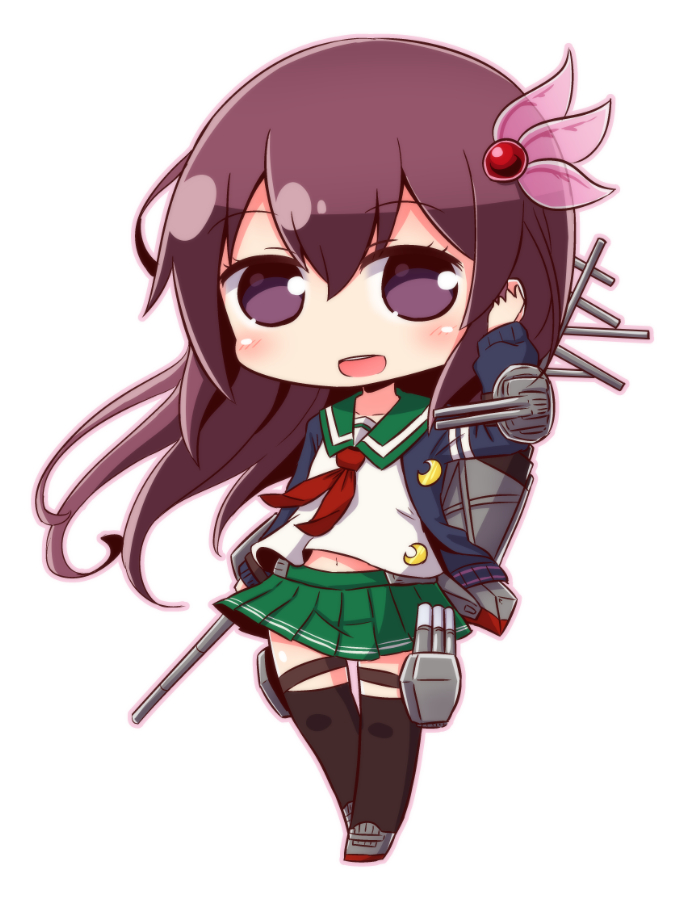 1girl :d bangs blue_jacket blush brown_hair brown_legwear cannon crescent crescent_moon_pin eyebrows_visible_through_hair floating_hair full_body green_sailor_collar green_skirt grey_footwear hair_between_eyes hair_ornament hand_up jacket kantai_collection kisaragi_(kantai_collection) long_hair long_sleeves looking_at_viewer naga_u neckerchief open_clothes open_jacket open_mouth outline pink_outline pleated_skirt red_neckwear remodel_(kantai_collection) sailor_collar school_uniform serafuku skirt smile solo standing thigh-highs torpedo_tubes turret upper_teeth very_long_hair violet_eyes white_background