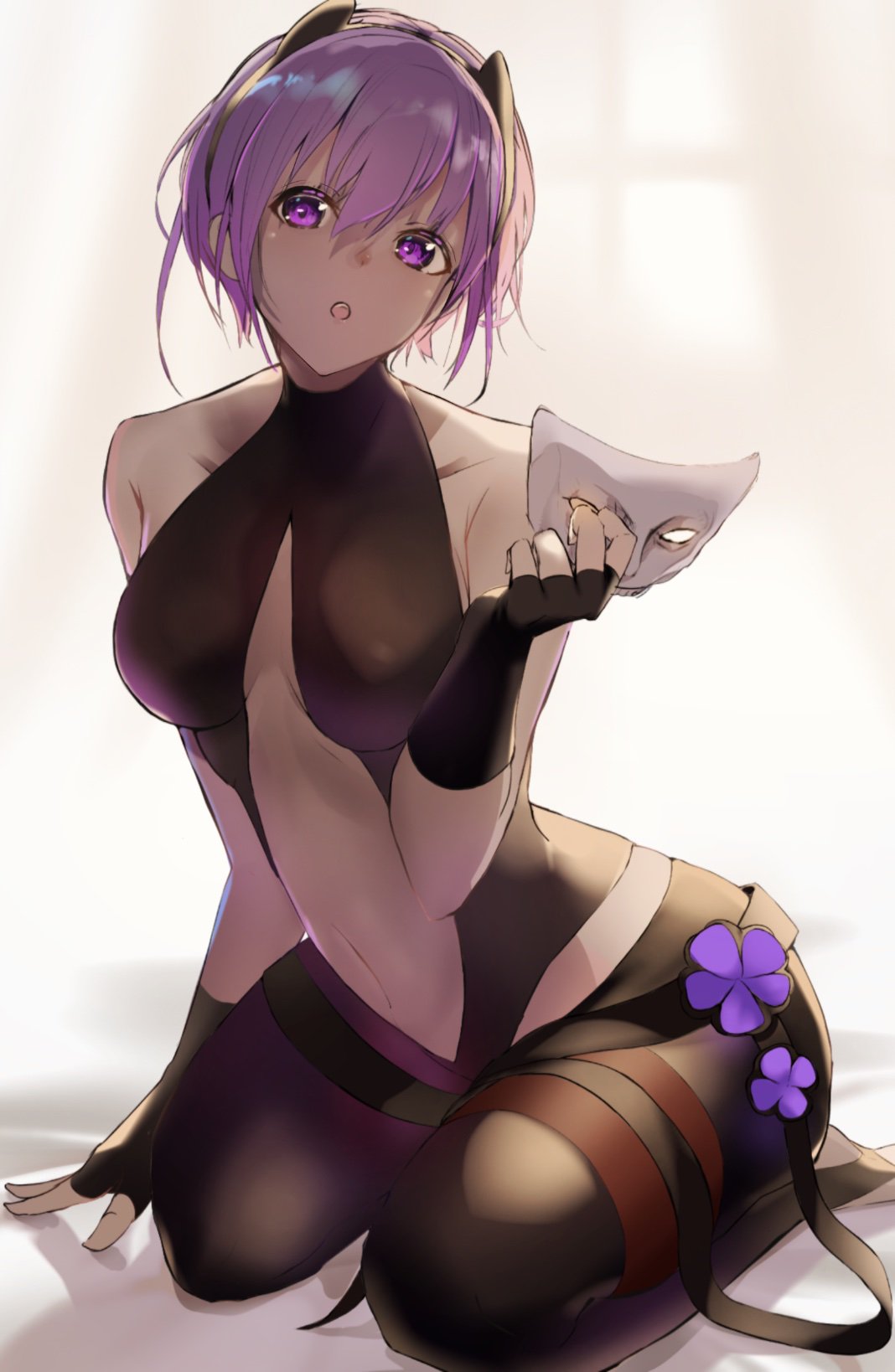 1girl :o bodysuit breasts fate/grand_order fate_(series) fingerless_gloves flower gloves hair_between_eyes hassan_of_serenity_(fate) highres kinoruru_toiro kneeling mask mask_removed medium_breasts navel purple_hair solo violet_eyes