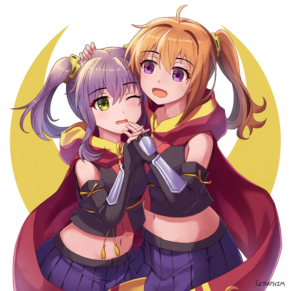 2girls artist_name black_gloves cowboy_shot crescent fingerless_gloves gauntlets gloves midriff multiple_girls navel open_mouth orange_hair paolo_espana pleated_skirt purple_hair purple_skirt release_the_spyce sagami_fuu side_ponytail simple_background skirt twintails violet_eyes white_background yachiyo_mei yellow_eyes