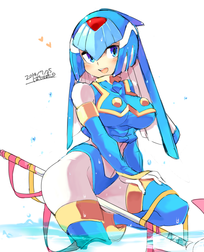 1girl android blue_eyes blush breasts commentary_request dated hand_on_own_thigh head_tilt helmet iroyopon large_breasts leviathan_(rockman) open_mouth riding rockman rockman_zero signature simple_background smile solo staff_riding thigh-highs white_background