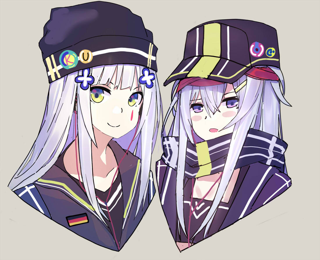 2girls alternate_costume alternate_headwear baseball_cap earphones echj g11_(girls_frontline) german_flag girls_frontline green_eyes grey_hair hat hk416_(girls_frontline) jacket long_hair multiple_girls scarf silver_hair violet_eyes