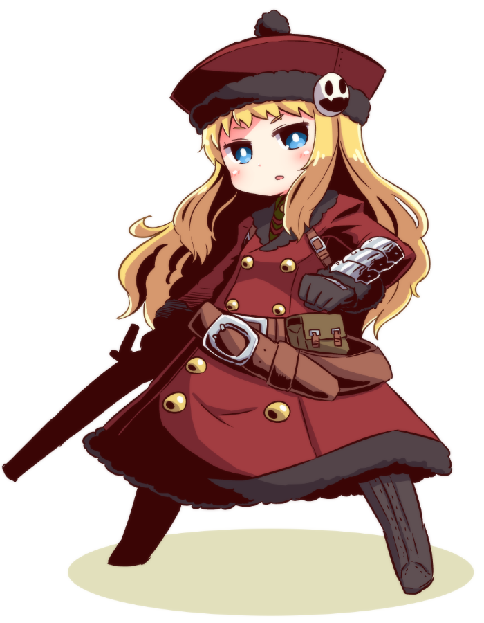 1girl bag bangs belt belt_buckle black_footwear black_gloves blonde_hair blue_eyes blush boots brown_belt buckle coat eyebrows_visible_through_hair full_body fur-trimmed_coat fur-trimmed_gloves fur-trimmed_hat fur_trim gloves gun gunner hat head_tilt holding holding_gun holding_weapon long_hair naga_u parted_lips red_coat red_hat satchel sekaiju_no_meikyuu sekaiju_no_meikyuu_2 shadow solo standing v-shaped_eyebrows very_long_hair weapon white_background white_pupils