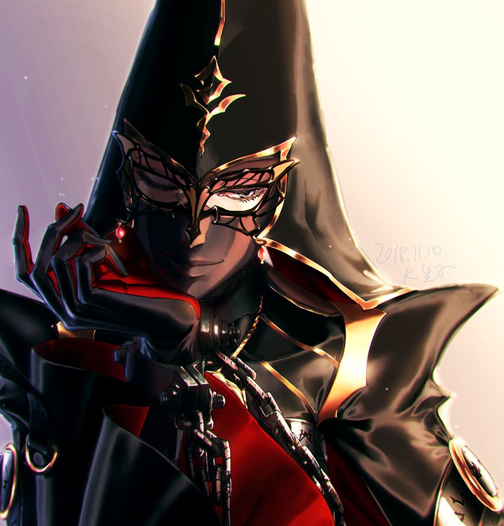 1girl 2018 bayonetta black_eyes buckle bug butterfly chains cuffs dated gloves gold_trim gradient gradient_background helmet insect jewelry mask namaqo_k necklace one_eye_closed runes shackles signature smile solo veil