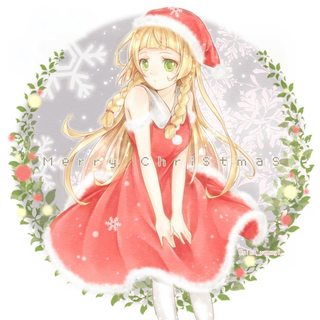 1girl blonde_hair braid creatures_(company) dress fur_trim game_freak green_eyes hat lillie_(pokemon) long_hair merry_christmas nintendo pokemon pokemon_(game) pokemon_sm pom_pom_(clothes) red_dress red_hat santa_costume santa_hat sleeveless sleeveless_dress snowflakes solo twin_braids twitter_username white_legwear yomogi_(black-elf)