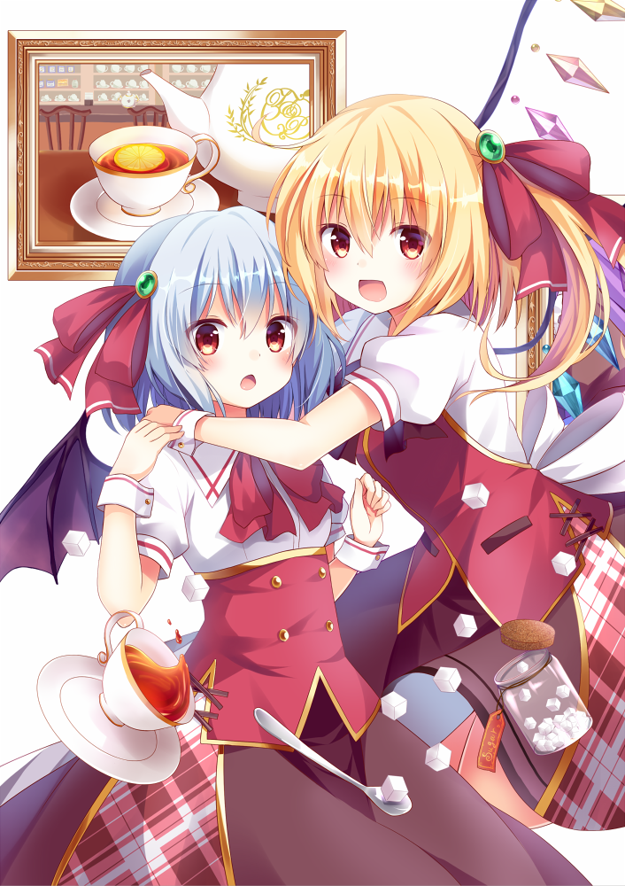 2girls :d :o alternate_costume bat_wings blonde_hair blush brooch crystal cup flandre_scarlet food fruit gem hair_between_eyes hair_ribbon hug jar jewelry kure~pu lemon lemon_slice looking_at_viewer multiple_girls no_hat no_headwear open_mouth painting_(object) plaid plaid_skirt puffy_short_sleeves puffy_sleeves red_eyes red_ribbon red_vest remilia_scarlet ribbon saucer shirt short_sleeves siblings side_ponytail simple_background sisters skirt smile spill spoon sugar_cube tea teacup teapot touhou vest waitress white_background white_shirt wing_collar wings wrist_cuffs