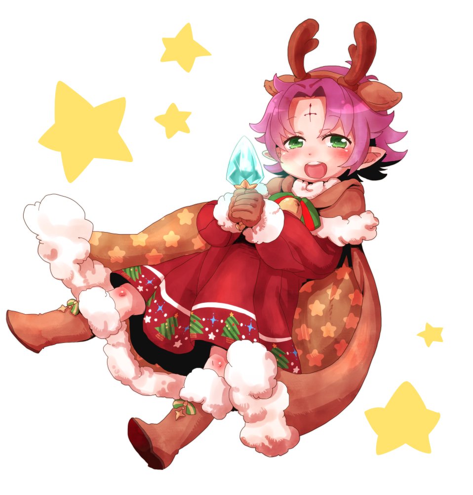 1girl antlers bell boots bow brown_gloves cape dress fa facial_mark fire_emblem fire_emblem:_fuuin_no_tsurugi fire_emblem_heroes forehead_mark full_body fur_trim gloves green_eyes lilly0723euro long_sleeves mamkute nintendo open_mouth pointy_ears purple_hair reindeer_antlers short_hair simple_background solo star white_background