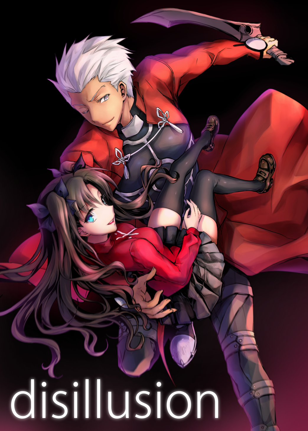 1boy 1girl ;) archer black_background black_bow black_legwear black_pants blue_eyes bow breasts brown_footwear brown_hair cape carrying eyebrows_visible_through_hair fate/stay_night fate_(series) floating_hair grey_eyes grey_skirt hair_bow highres holding holding_sword holding_weapon kanshou_&amp;_bakuya loafers long_hair long_sleeves looking_at_viewer medium_breasts miniskirt mintes one_eye_closed pants pleated_skirt red_cape red_shirt school_uniform shirt shoes silver_hair skirt smile sword thigh-highs title tohsaka_rin twintails very_long_hair weapon