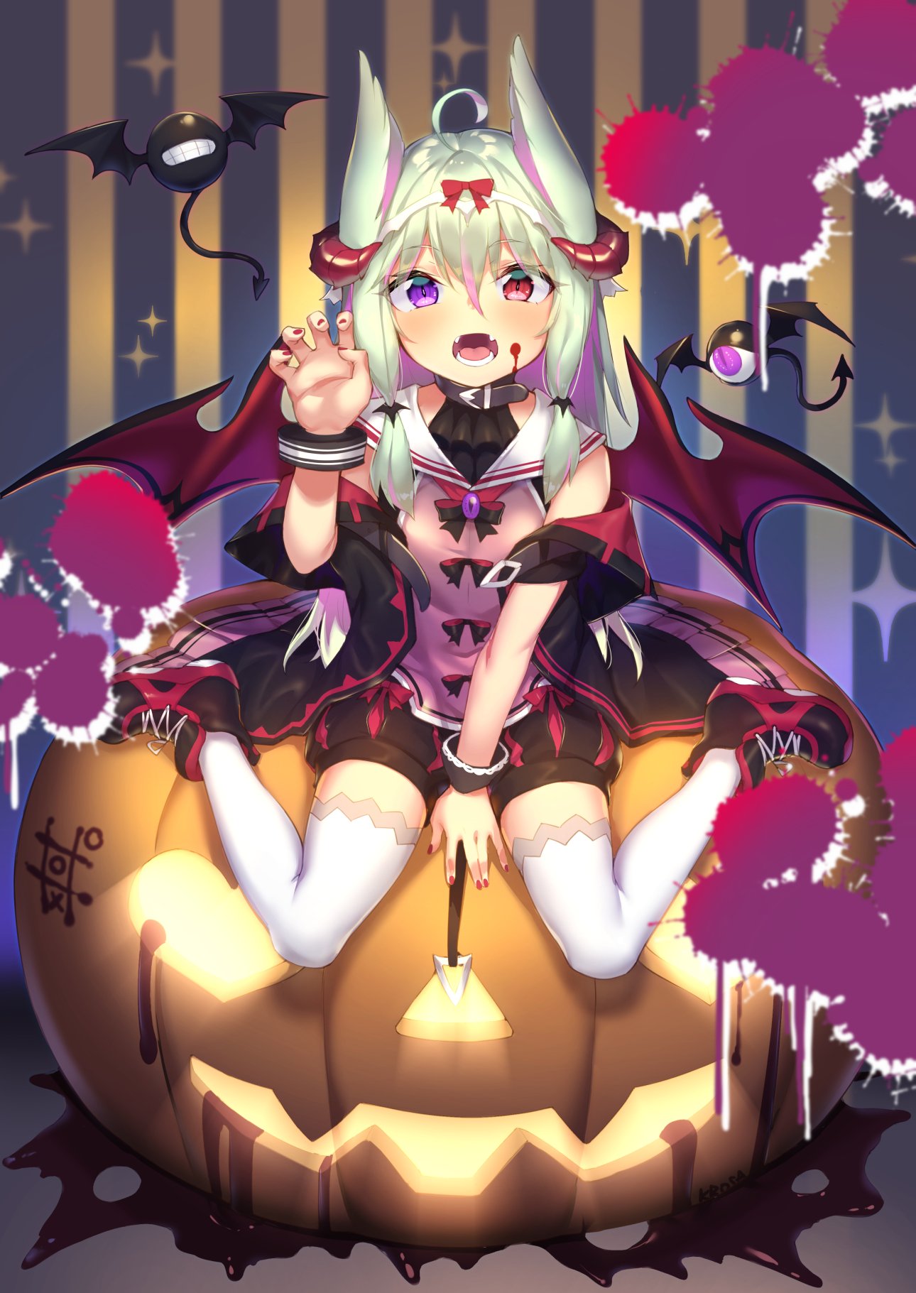 1girl ahoge animal_ears bangs bat between_legs black_neckwear blood blood_on_face blush bow bowtie claw_pose commentary copyright_request english_commentary eyebrows_visible_through_hair fangs fingernails hair_between_eyes hair_bow hairband halloween hand_between_legs hand_up heterochromia highres horns jack-o'-lantern looking_at_viewer multicolored_hair nail_polish pumpkin red_bow red_eyes red_nails sailor_collar shennai_misha shoes sitting solo streaked_hair thigh-highs tic-tac-toe violet_eyes wariza white_legwear white_sailor_collar wristband