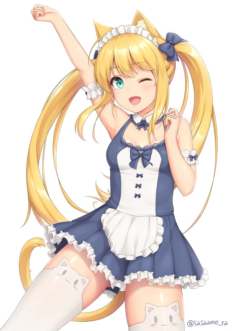 1girl animal_ear_fluff animal_ears animal_print apron aqua_eyes arm_up ass_visible_through_thighs bare_shoulders blonde_hair blush bow breasts cat_ears cat_print cat_tail commentary_request contrapposto detached_collar dress eyebrows_visible_through_hair frilled_dress frills hair_bow long_hair looking_at_viewer one_eye_closed open_mouth original sasaame short_dress sidelocks simple_background sleeveless sleeveless_dress smile solo standing tail thigh-highs twintails twitter_username very_long_hair white_background white_legwear