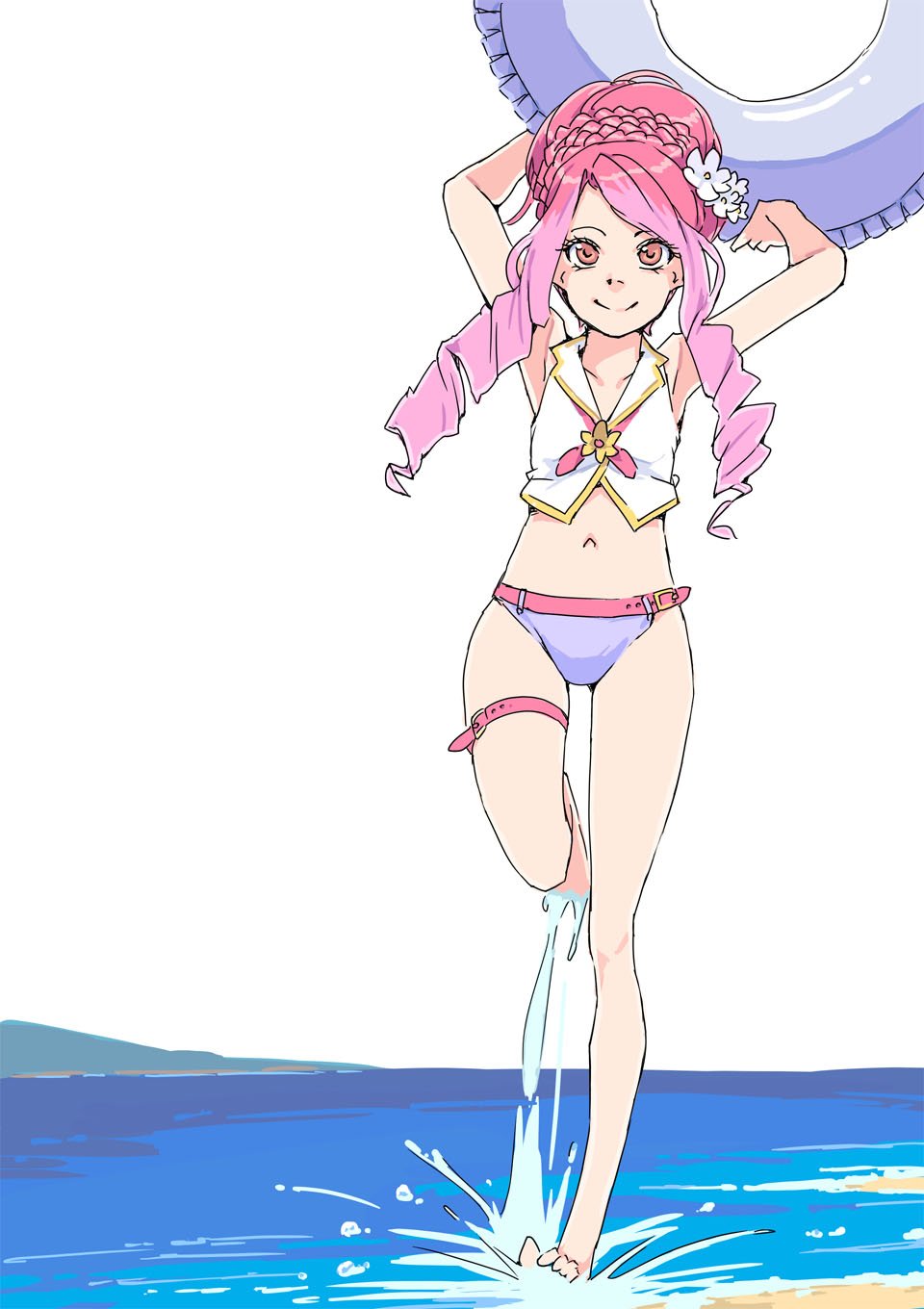 1girl aikatsu!_(series) aikatsu_stars! akinbo_(hyouka_fuyou) armpits arms_up bangs beach belt braid collarbone drill_hair elza_forte flat_chest flower hair_flower hair_ornament highres innertube leg_up long_hair looking_at_viewer midriff navel ocean orange_eyes outdoors parted_bangs pink_hair purple_bikini_bottom simple_background smile solo standing standing_on_one_leg stomach thigh_strap tied_hair twin_drills water white_background white_flower