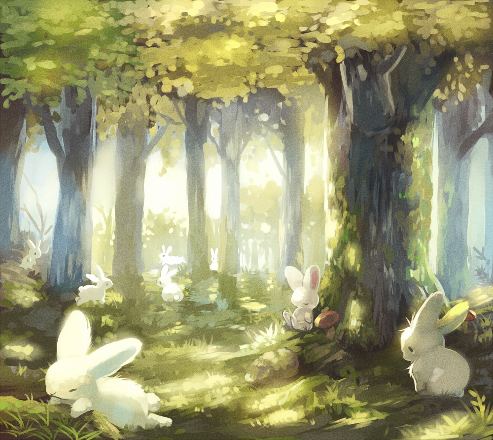 dappled_sunlight day forest grass manino_(mofuritaionaka) nature no_humans original outdoors rabbit sitting sleeping sunlight tree