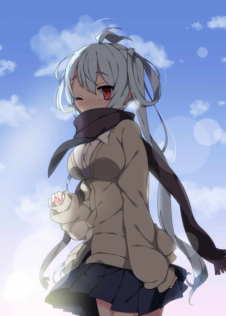 1girl ahoge black_neckwear blue_skirt blue_sky blush breasts brown_cardigan brown_scarf cardigan clouds cloudy_sky commentary_request covered_mouth day dress_shirt fingernails fringe_trim hair_rings large_breasts long_hair long_sleeves looking_at_viewer matoi_(pso2) milkpanda necktie one_eye_closed outdoors phantasy_star phantasy_star_online_2 pleated_skirt red_eyes scarf scarf_over_mouth shirt silver_hair skirt sky sleeves_past_wrists solo twintails very_long_hair white_shirt