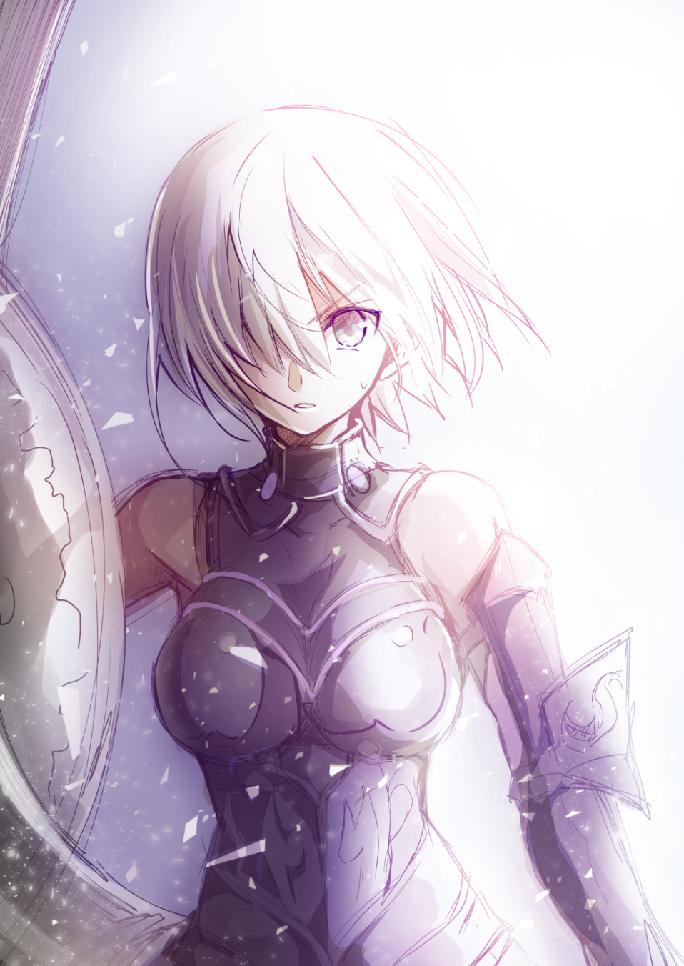 1girl armor breasts breasts_apart detached_sleeves fate/grand_order fate_(series) floating_hair grey_eyes hair_over_one_eye highres holding_shield large_breasts looking_at_viewer mash_kyrielight mintes parted_lips shield short_hair silver_hair sketch solo sweatdrop upper_body