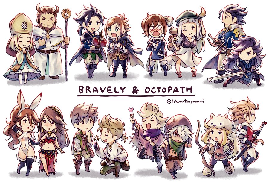 aerie_(bravely_default) agnes_oblige ahoge alfyn_(octopath_traveler) armor armored_dress blonde_hair blue_eyes boots bracelet braided_ponytail bravely_default_(series) brown_hair butterfly_wings chibi cloak cosplay costume_switch cyrus_(octopath_traveler) dancer dress edea_lee elbow_gloves fairy faulds fringe_trim gloves h'aanit_(octopath_traveler) hat high_ponytail jewelry long_hair looking_at_viewer magnolia_arch multiple_boys multiple_girls necklace octopath_traveler olberic_eisenberg open_mouth ophilia_(octopath_traveler) ponytail primrose_azelhart ringabel satokivi short_hair simple_background smile therion_(octopath_traveler) thigh-highs thigh_boots tiz_oria tressa_(octopath_traveler) wings